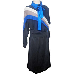 CIAO Ltd Sz 16 Royal Blue Black Wool Dress Deadstock Vintage